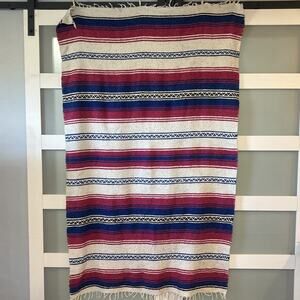 Vintage Mexican Serape Blanket Fringe Striped Colorful Hand Woven 72”x48” Aztec